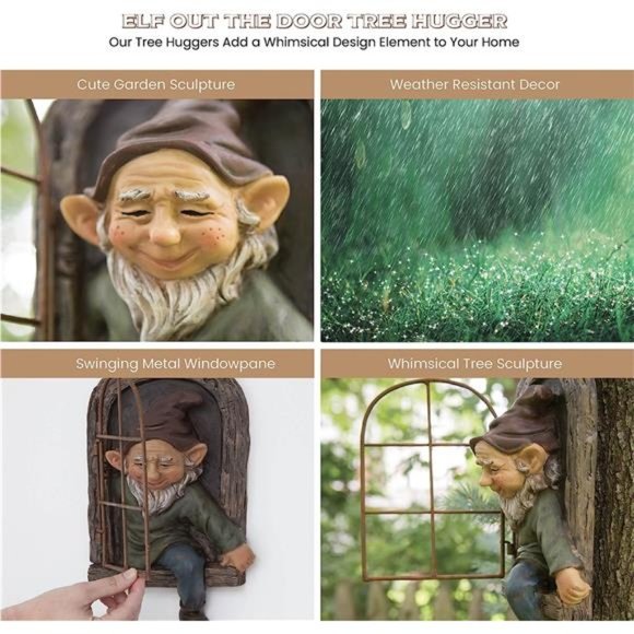 12-inch Elf Out The Door Tree Hugger -Yard Decorations -Whimsical Tree Sculpture - Picture 6 of 7